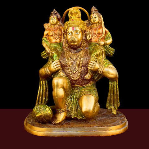 11.4 Inch Hanuman with Ram Laxman on Shoulder Brass Idol with fine detailing, symbolizing strength, devotion, and protection – perfect for pooja room, home temple, or as a spiritual gift. No.1 Brass Idol Store www.satvikworld.com