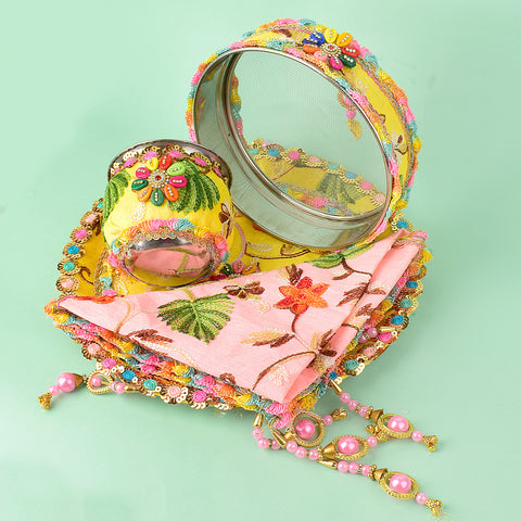 11 Pc Elegant Yellow & Baby Pink Embroidery Karwa Chauth Thali Set with Sieve, Kalash, Cover, and Full Pooja Kit. India’s Largest Pooja Accessories Brand - www.satvikworld.com