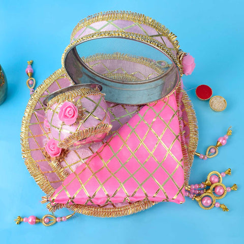 11 Pc Light Pink Embroidery Karwa Chauth Thali Set with Sieve, Kalash, Thali Cover and Complete Pooja Kit. India’s Largest Pooja Accessories Brand - www.satvikworld.com