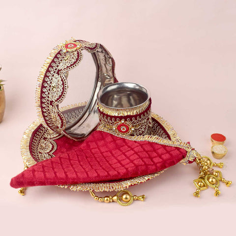 11 Pc Maroon Embroidery Karwa Chauth Thali Set with Cover, Channi, Kalash, and Complete Pooja Kit. India’s Largest Pooja Accessories Brand - www.satvikworld.com