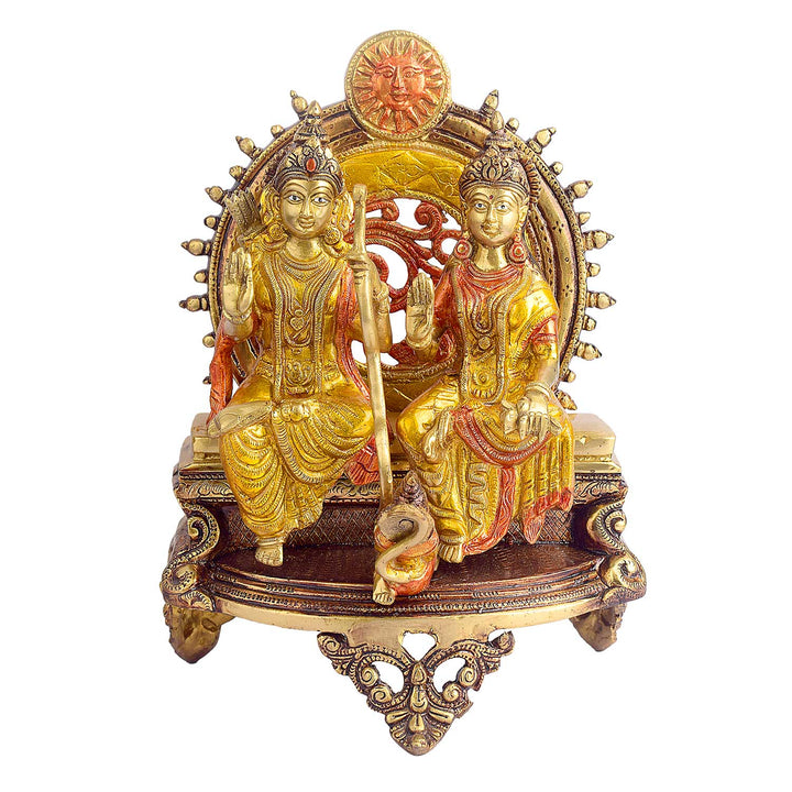 13 Inch Ram Sita Brass Idol Seated on Throne Brass Statue featuring intricate detailing, perfect for spiritual home decor, temple worship, and devotional gifting. India’s Largest Brass Idols Brand - www.satvikworld.com