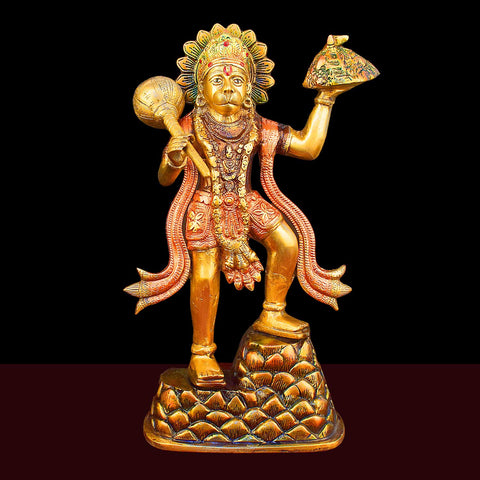 14 Inch Brass Lord Hanuman Carrying Sanjeevani Mountain with fine detailing, symbolizing strength, devotion, and protection – perfect for pooja room, home temple, or as a spiritual gift. No.1 Brass Idol Store www.satvikworld.com