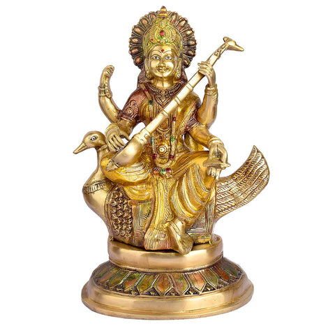 19.3 Inch Big Saraswati Maa Brass Statue featuring intricate detailing, perfect for spiritual home decor, temple worship, and devotional gifting. India’s Largest Brass Idols Brand - www.satvikworld.com