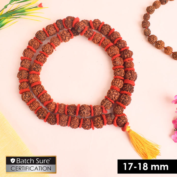 5 Mukhi Rudraksha Kantha Mala with 54 natural beads, strung in red velvet thread for spiritual meditation and daily prayer use. India’s Premium Rudraksha Jap Mala Store- www.satvikworld.com