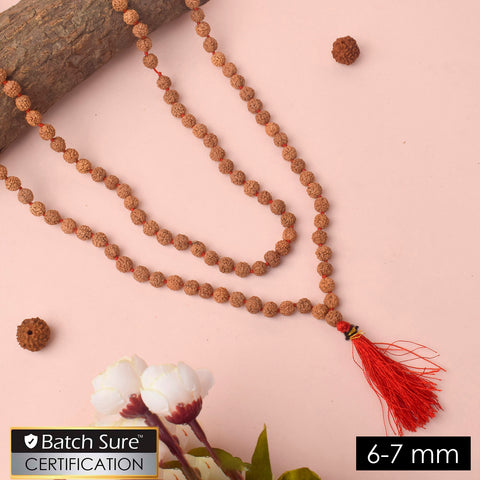 6-7mm Rudraksha Mala with neatly knotted natural beads, ideal for daily Jaap, mantra chanting, and meditation practice. India’s Premium Jap Mala Store - www.satvikworld.com