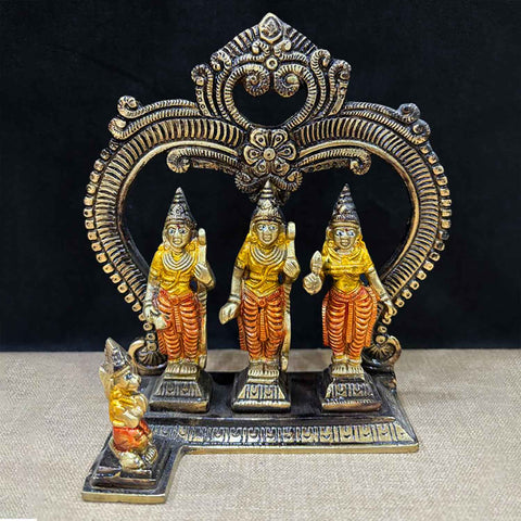 6.9-inch exquisite brass Ram Darbar idol, beautifully crafted to depict Lord Ram, Sita, Lakshman, and Hanuman in a serene and divine family setting. Symbolizing virtue, devotion, and strength. Ideal for pooja rooms, festive décor, or as a spiritual gift. India’s Largest Pooja Accessories Brand – www.satvikworld.com