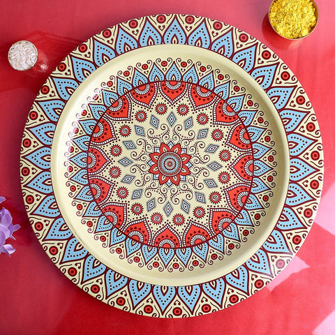 Artistic decorative pooja thali with colorful mandala design used for festive rituals and daily worship India’s Largest Pooja Accessories Brand – www.satvikworld.com