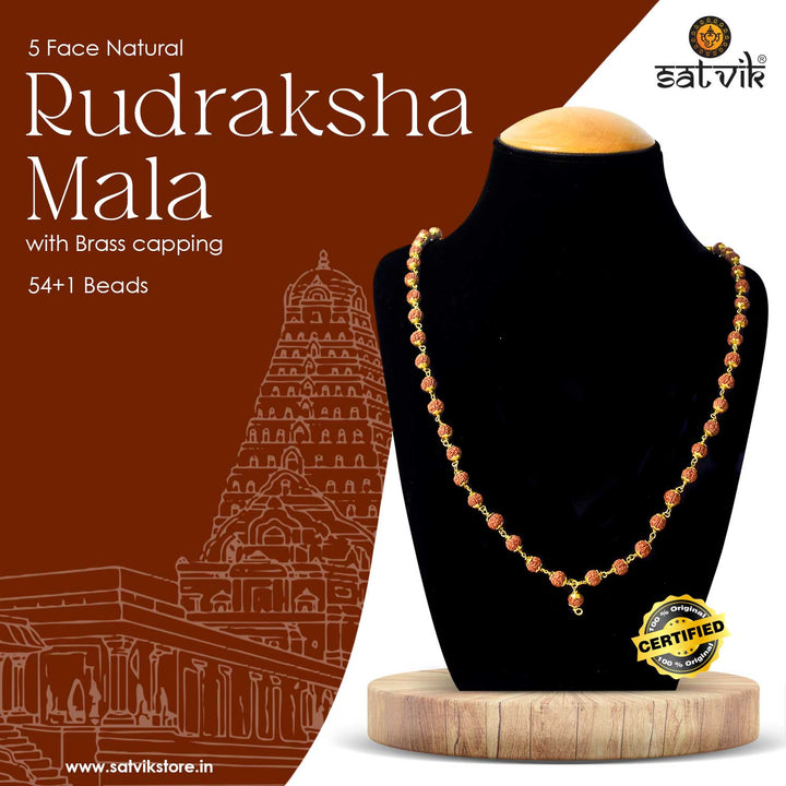 Certified 5 Face Rudraksha Mala with Brass Capping – Spiritual Brown Beads for Peace and Wisdom. India’s Premium Rudraksha Jap Mala Store- www.satvikworld.com