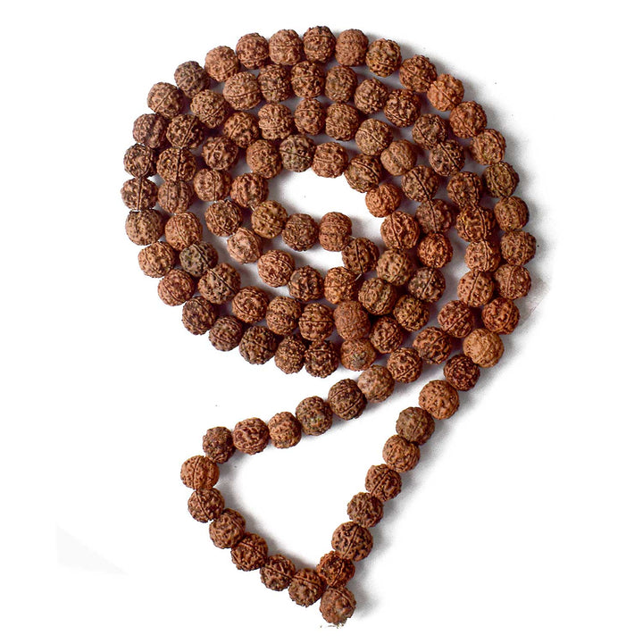 Certified 5 Mukhi Rudraksha Kantha Mala with brown natural beads, hand-strung for spiritual protection and meditation benefits. India’s Premium Rudraksha Jap Mala Store- www.satvikworld.com