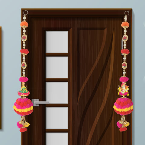 Vibrant Colorful Pom Pom Wall Hanging Pair Featuring Ganesha and Lakshmi for Traditional Festive Home and Pooja Room Decoration. India’s Largest Pooja Accessories Brand – www.satvikworld.com