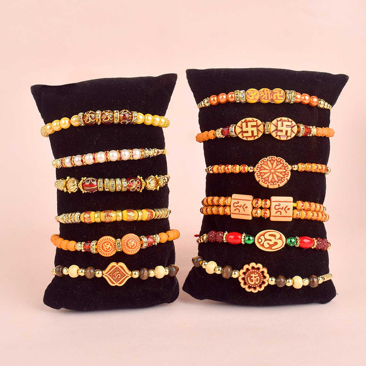 Assortment of 12 Rakhis, featuring different designs, threads, and embellishments for Raksha Bandhan. India’s Largest Pooja Accessories Brand - www.satvikworld.com