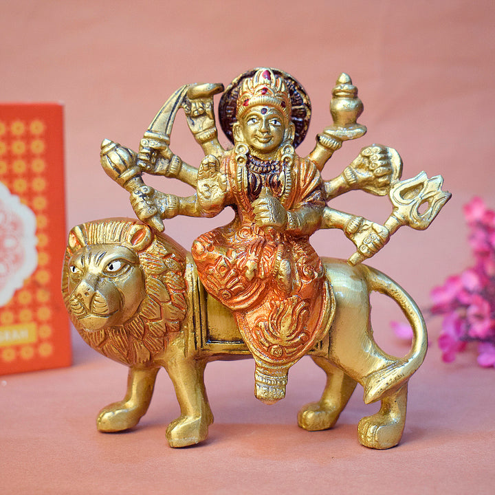 Divine elegance Sherawali Mata murti, intricately crafted with fine details, depicting Goddess Sherawali seated on a lion, symbolizing strength, protection, and divine grace. Ideal for worship or spiritual décor. India’s Largest Pooja Accessories Brand – www.satvikworld.com