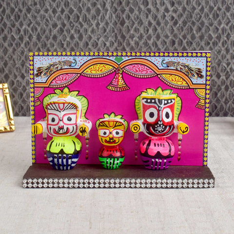 Handcrafted wooden Lord Jagannath idol with traditional detailing, ideal for devotion, travel blessings, and spiritual decor in home or vehicle. India’s Largest Pooja Accessories Brand - www.satvikworld.com