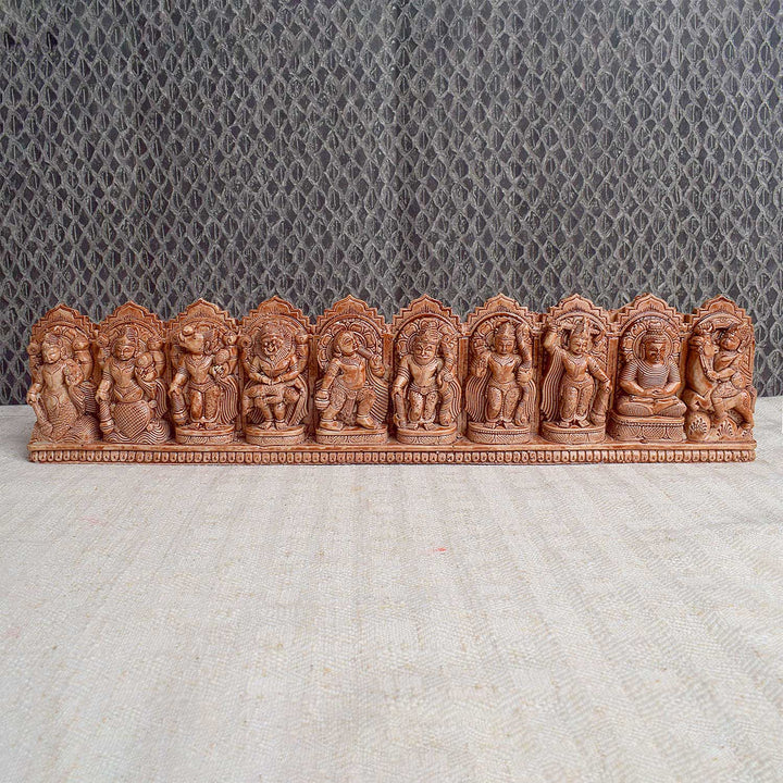 Handcrafted wooden Dasavatharam wall decor featuring the ten avatars of Lord Vishnu, intricately carved and painted, ideal for spiritual and aesthetic home decoration. India’s Largest Pooja Accessories Brand - www.satvikworld.com