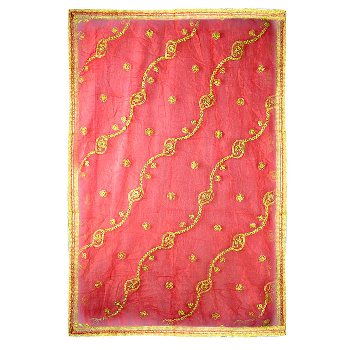Traditional Pink Pooja Chunri with Golden Embroidered Wavy Chain Motifs – 101x214 cm (39.8x84.3 inches), ideal for Hindu rituals, temple decor, and festive celebrations like Diwali and Navratri in the USA.