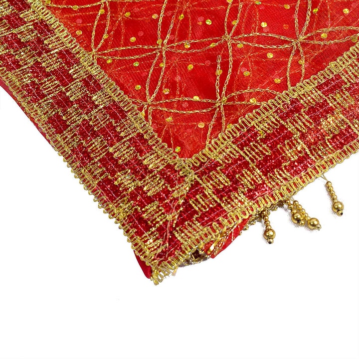 Traditional Pink Pooja Chunri with Golden Grid Pattern – 104x208 cm (41x82 inches), ideal for Hindu rituals, temple decor, and festive celebrations like Diwali and Navratri in the USA.