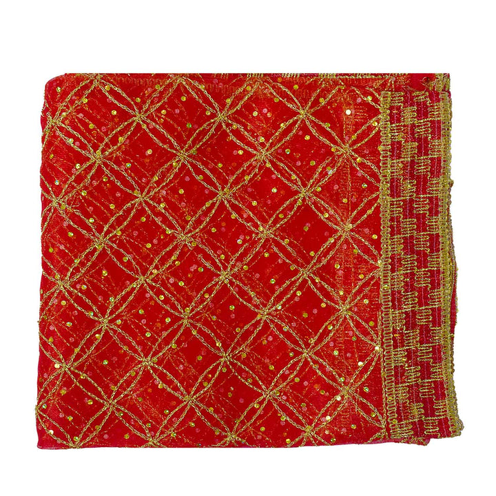 Traditional Pink Pooja Chunri with Golden Grid Pattern – 104x208 cm (41x82 inches), ideal for Hindu rituals, temple decor, and festive celebrations like Diwali and Navratri in the USA.