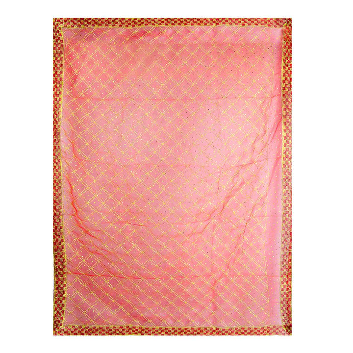 Traditional Pink Pooja Chunri with Golden Grid Pattern – 104x208 cm (41x82 inches), ideal for Hindu rituals, temple decor, and festive celebrations like Diwali and Navratri in the USA.