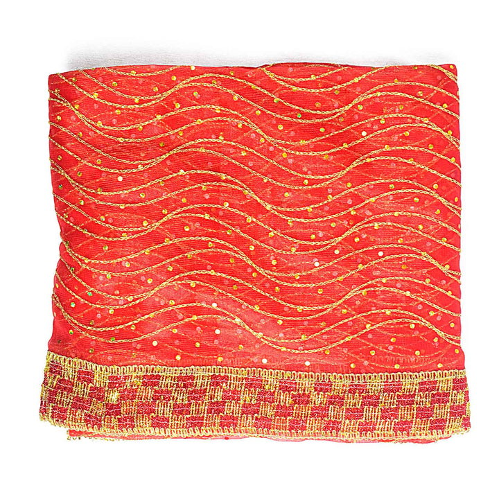 Traditional Pink Pooja Chunri with Golden Wavy Pattern – 104x214 cm (40.9x84.3 inches), perfect for Hindu rituals, temple decor, and festive celebrations like Diwali and Navratri in the USA.
