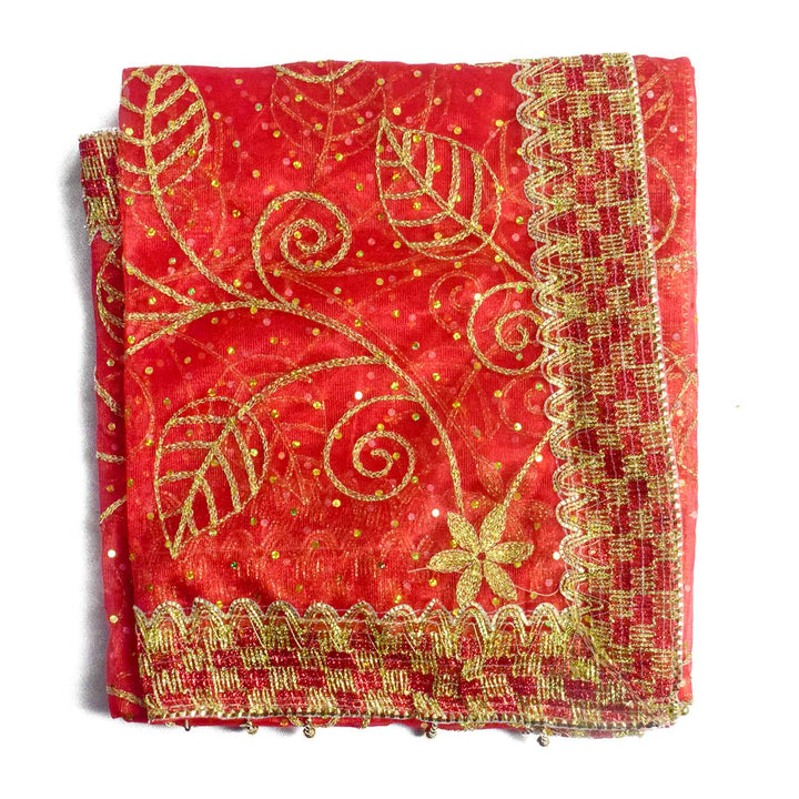 Traditional Pink Pooja Chunri with Golden Embroidered Floral and Leaf Motifs – 104x214 cm (40.9x84.3 inches), ideal for Hindu rituals, temple decor, and festive celebrations like Diwali and Navratri in the USA.