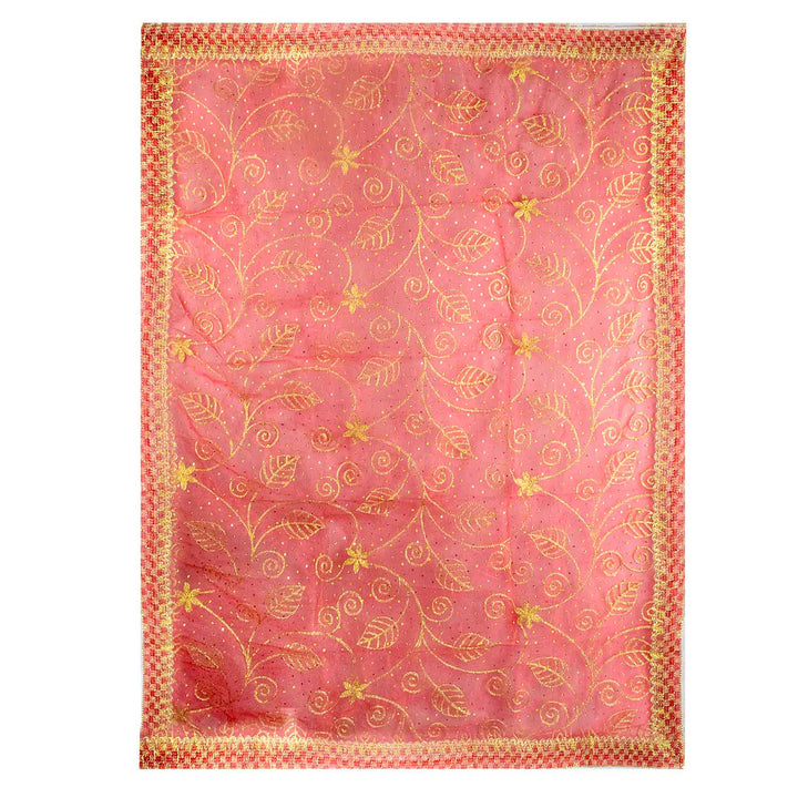 Traditional Pink Pooja Chunri with Golden Embroidered Floral and Leaf Motifs – 104x214 cm (40.9x84.3 inches), ideal for Hindu rituals, temple decor, and festive celebrations like Diwali and Navratri in the USA.