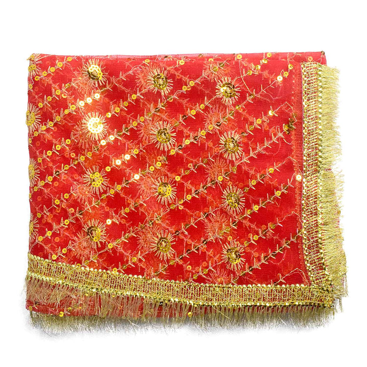 Traditional Pink Pooja Chunri with Golden Floral Design – 114x190 cm (45x75 inches), ideal for Hindu rituals, temple decor, and festive celebrations like Diwali and Navratri in the USA.