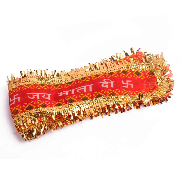 raditional Red and Gold "Jai Mata Di" Patti with Swastik and Mantra Print – 95x6 cm (37.4x2.4 inches), perfect for Navratri, temple decoration, and festive celebrations in the USA.