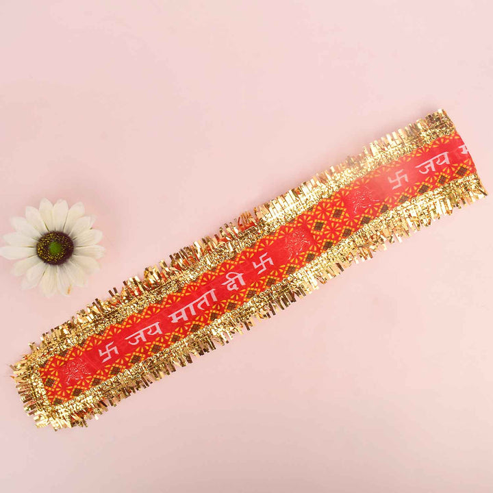 raditional Red and Gold "Jai Mata Di" Patti with Swastik and Mantra Print – 95x6 cm (37.4x2.4 inches), perfect for Navratri, temple decoration, and festive celebrations in the USA.