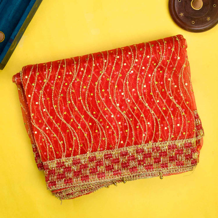 Traditional Pink Pooja Chunri with Golden Wavy Pattern – 104x214 cm (40.9x84.3 inches), perfect for Hindu rituals, temple decor, and festive celebrations like Diwali and Navratri in the USA.