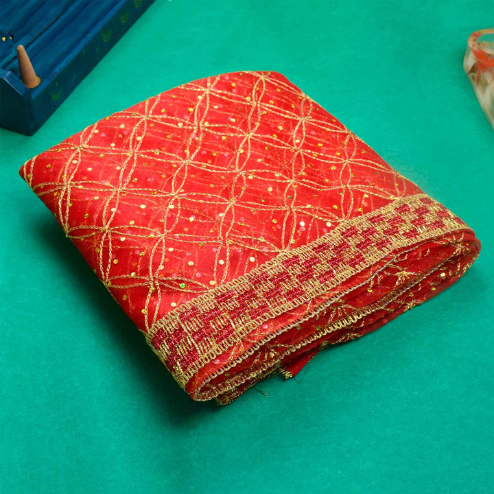 Traditional Pink Pooja Chunri with Golden Grid Pattern – 104x208 cm (41x82 inches), ideal for Hindu rituals, temple decor, and festive celebrations like Diwali and Navratri in the USA.