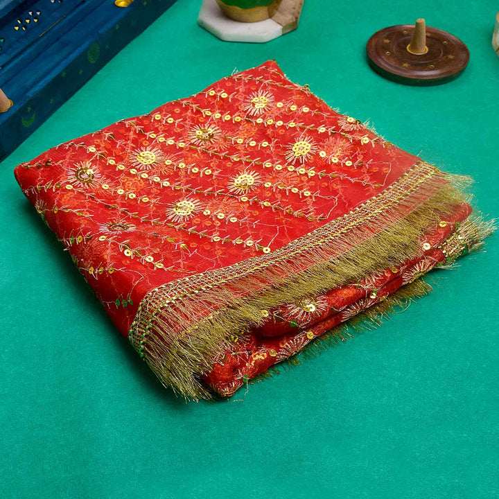 Traditional Pink Pooja Chunri with Golden Floral Design – 114x190 cm (45x75 inches), ideal for Hindu rituals, temple decor, and festive celebrations like Diwali and Navratri in the USA.