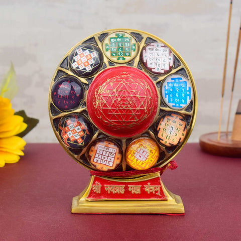 Brass Shri Navgrah Maha Yantra featuring detailed engravings of the nine planets—designed to balance planetary energies, reduce doshas, and bring spiritual and material harmony. India’s Largest Pooja Accessories Brand - www.satvikworld.com