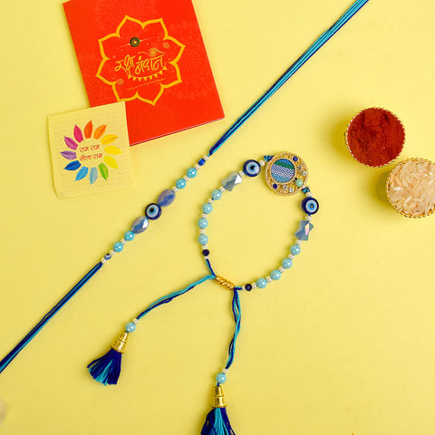 Designer Couple Rakhi Set for Bhaiya and Bhabhi with Roli Chawal and Ram Sita Stickers – Raksha Bandhan Gift Combo. India’s Largest Brass Idols Brand - www.satvikworld.com