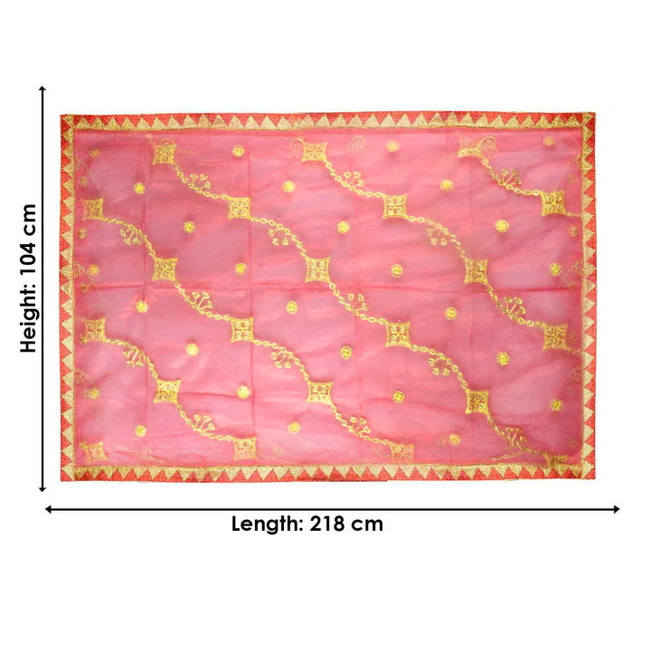 Traditional Pink Pooja Chunri with Golden Embroidered Pattern – 104x218 cm (40.9x85.8 inches), ideal for Hindu rituals, temple decor, and festive celebrations like Diwali and Navratri in the USA.