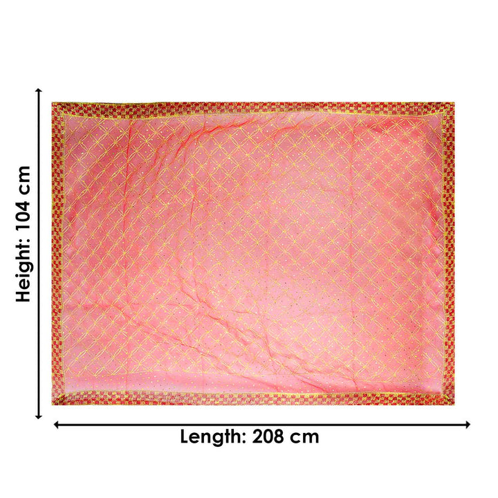 Traditional Pink Pooja Chunri with Golden Grid Pattern – 104x208 cm (41x82 inches), ideal for Hindu rituals, temple decor, and festive celebrations like Diwali and Navratri in the USA.