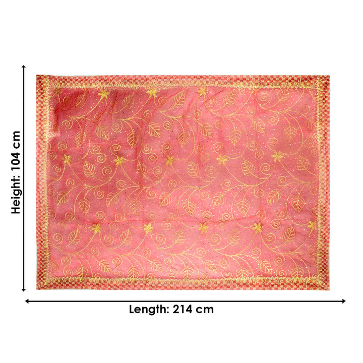 Traditional Pink Pooja Chunri with Golden Embroidered Floral and Leaf Motifs – 104x214 cm (40.9x84.3 inches), ideal for Hindu rituals, temple decor, and festive celebrations like Diwali and Navratri in the USA.
