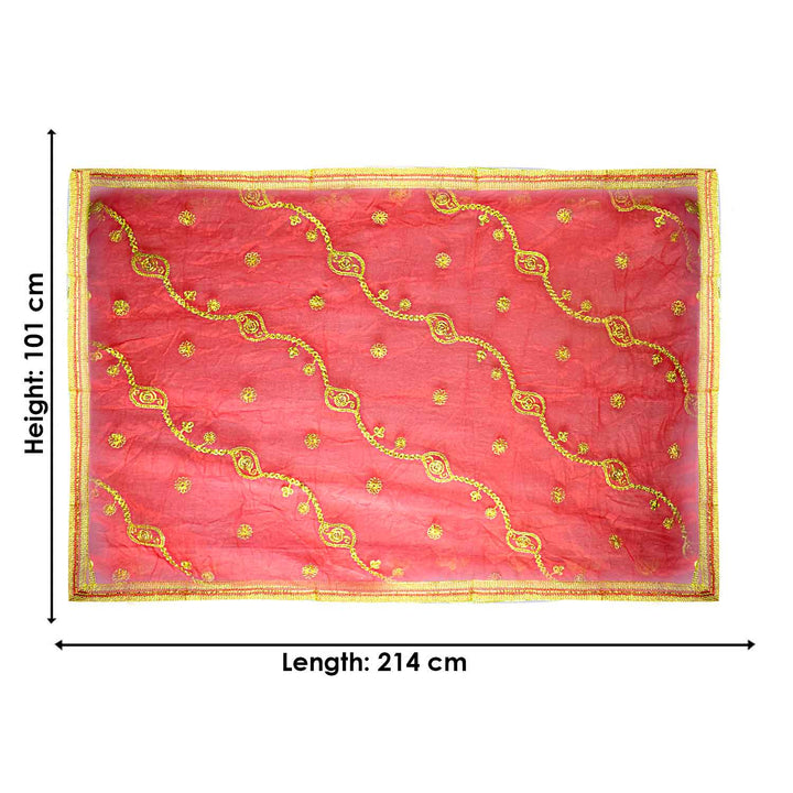 Traditional Pink Pooja Chunri with Golden Embroidered Wavy Chain Motifs – 101x214 cm (39.8x84.3 inches), ideal for Hindu rituals, temple decor, and festive celebrations like Diwali and Navratri in the USA.