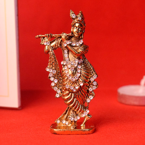 Elegant Metal Krishna Statue in a golden finish, beautifully designed for home decor, temple worship, and spiritual gifting, representing divine love and grace. India’s Largest Pooja Accessories Brand – www.satvikworld.com