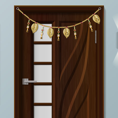 Traditional Golden Toran with Decorative Ganesha Leaf and Bell Latkan for Auspicious Festive Home Decoration. India’s Largest Pooja Accessories Brand – www.satvikworld.com