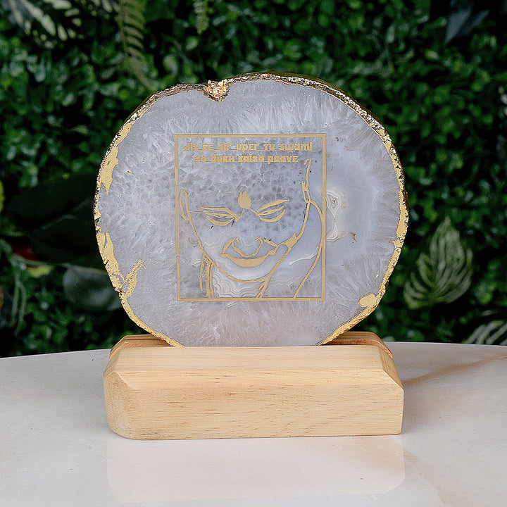 Guruji Agate Stone Stand featuring a spiritual portrait with natural agate stone base for divine energy India’s Largest Pooja Accessories Brand – www.satvikworld.com