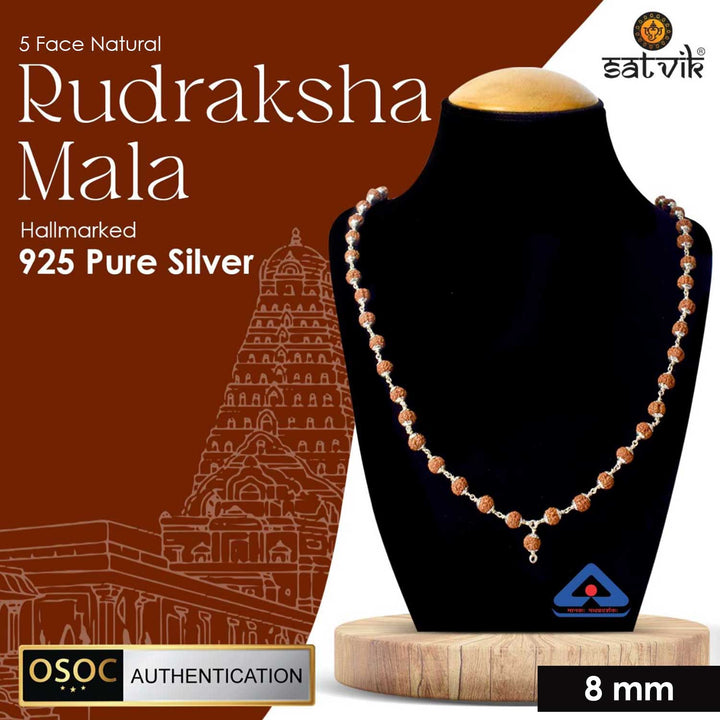 Hallmarked 925 Pure Silver Panchmukhi Rudraksha Mala featuring five-faced sacred beads, meticulously crafted in premium silver to enhance spiritual strength, tranquility, and prosperity. India’s Premium Rudraksha Jap Mala Store- www.satvikworld.com