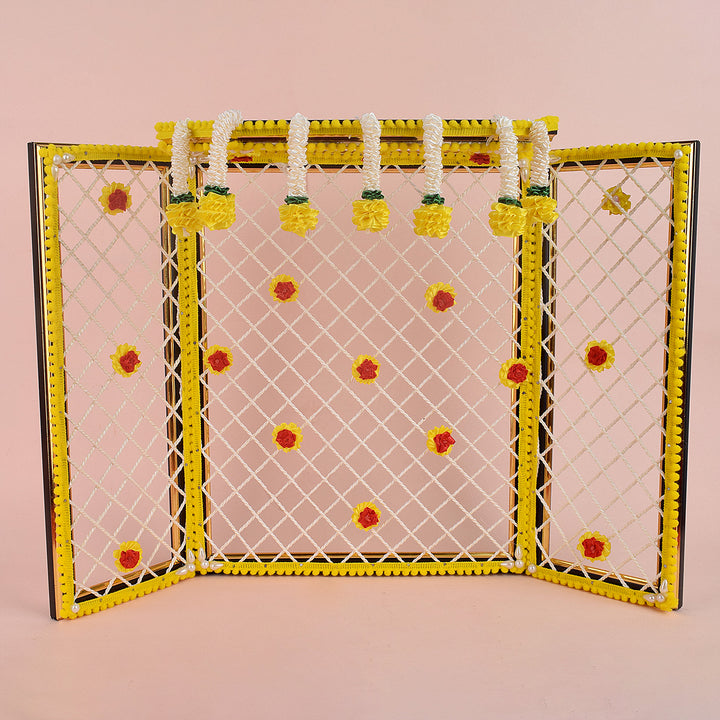 5 Inch Magnificent Ganesha Phool Bangla in bright yellow floral theme, perfect for large Ganesh idol decoration and mandap setups. India’s Largest Pooja Accessories Brand – www.satvikworld.com