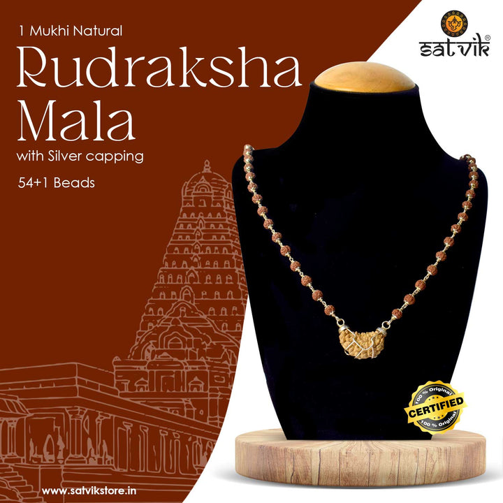 One Mukhi Rudraksha Mala with Silver Capping – Certified Spiritual Bead for Divine Connection and Awakening. India’s Premium Rudraksha Jap Mala Store- www.satvikworld.com