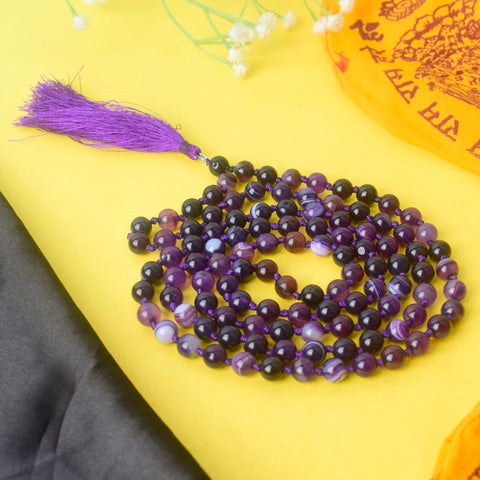 Premium Hakik Jap Mala with Crystal Violet Amethyst & Blue Lace Agate – A Spiritual Meditation Beads Mala for Intuition, Clarity & Healing. India’s Premium Hakik Jap Mala Store - www.satvikworld.com