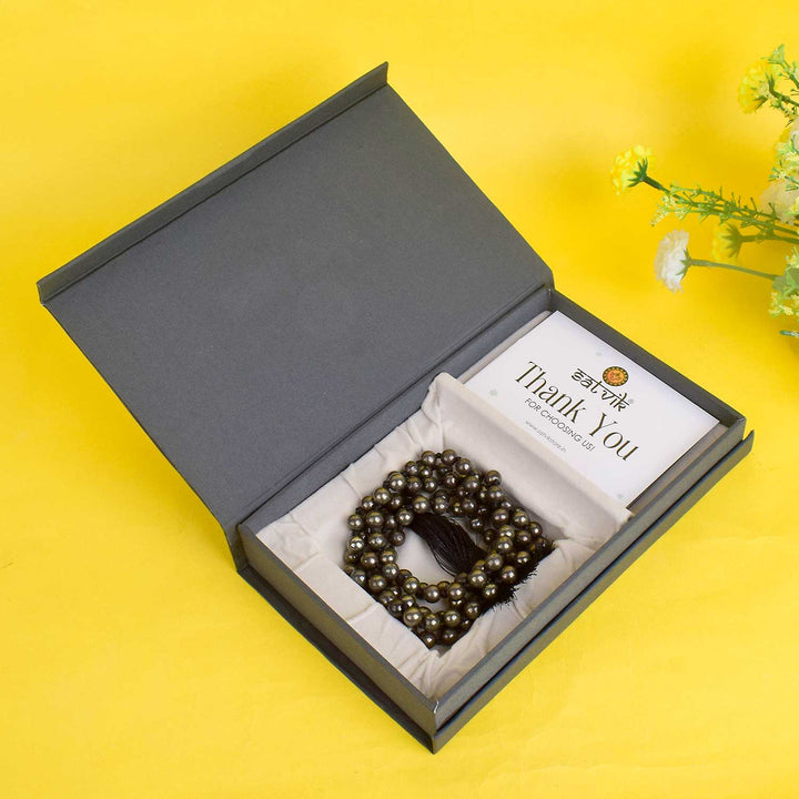 Pyrite Hakik Mala with 108 beads – a powerful spiritual mala known as the stone of abundance and protection, ideal for meditation and energy balancing. India’s Premium Hakik Jap Mala store - www.satvikstore.in