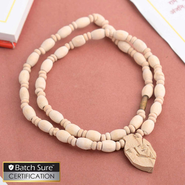 Original Tulsi mala with round beads, featuring a Radha pendant, ideal for devotional wear and spiritual practices.India’s Premium Jap Mala Store - www.satvikworld.com