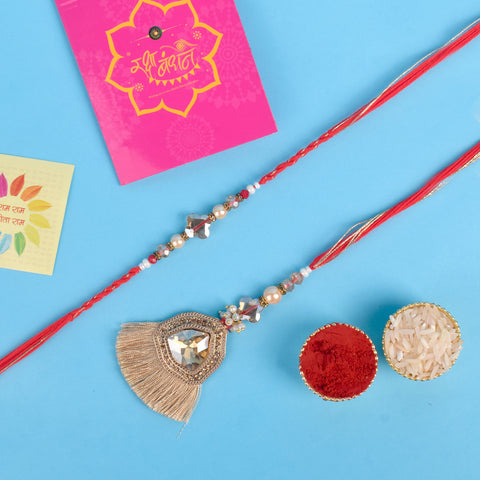 Designer Couple Rakhi Set for Bhaiya and Bhabhi with Roli Chawal and Ram Sita Stickers – Raksha Bandhan Gift Combo. India’s Largest Brass Idols Brand - www.satvikworld.com