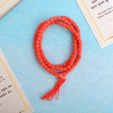 Synthetic Lal Munga (Blood Stone) Mala with Small Beads, ideal for meditation, mantra chanting, and spiritual rituals. The red bloodstone beads are known for enhancing courage and vitality. India’s Largest Pooja Accessories Brand – www.satvikworld.com