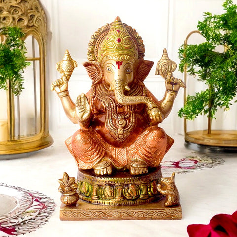 Vibrant Colored Brass Ganesh Statue - Large – A beautifully crafted, colorful brass statue of Lord Ganesh, symbolizing prosperity, wisdom, and remover of obstacles. Perfect for spiritual decoration and puja at home or temple. India’s Largest Pooja Accessories Brand – www.satvikworld.com