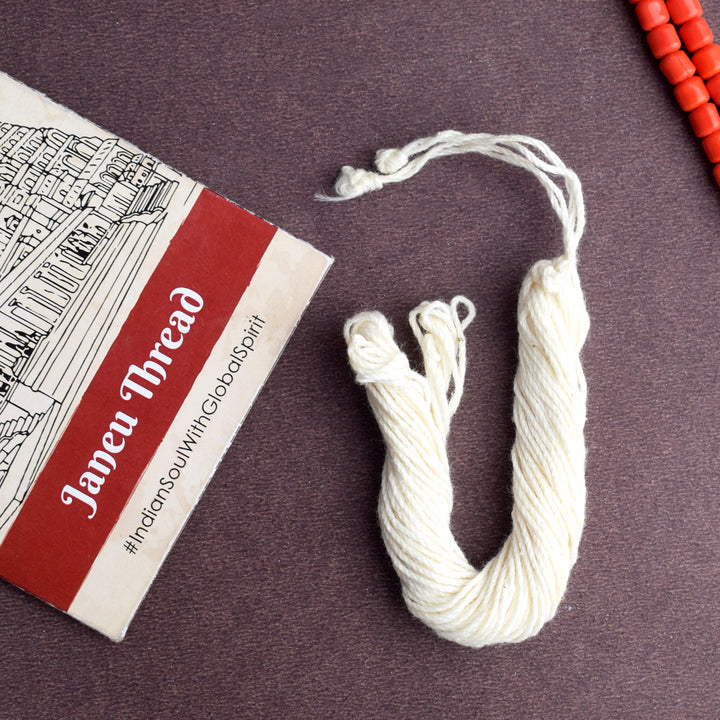 White cotton janeu thread (Safed Janeu) used in Hindu rituals, ideal for sacred ceremonies and traditional rituals like yagnas and poojas. India’s Largest Pooja Accessories Brand – www.satvikworld.com